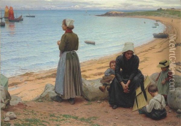 On The Brittany Shore Oil Painting - Leonce J. V. de Joncieres