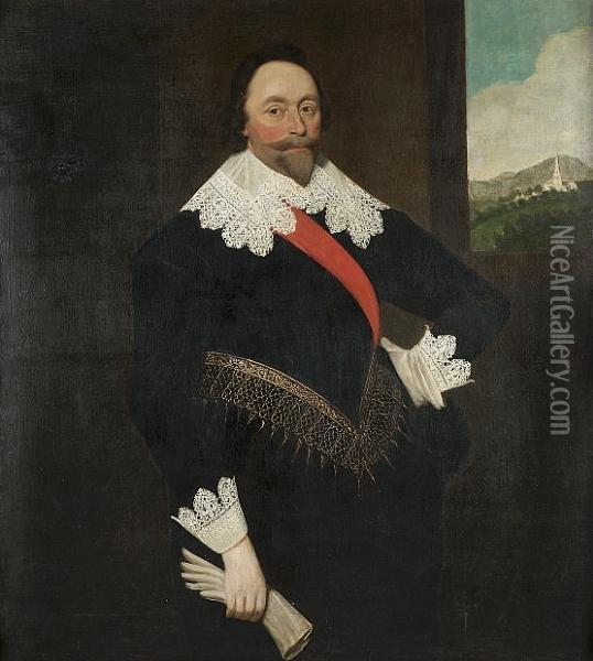 Portrait Of A Gentleman, 
Traditionally Identified As Oliver St. John, 1st Earl Of Bolingbroke 
(1580(?)-1646), Standing Three-quarter-length, In A Black Doublet With A
 Red Sash And A Lace Collar And Cuffs, Holding A Glove In His Right 
Hand, A View  Oil Painting - Daniel Mytens
