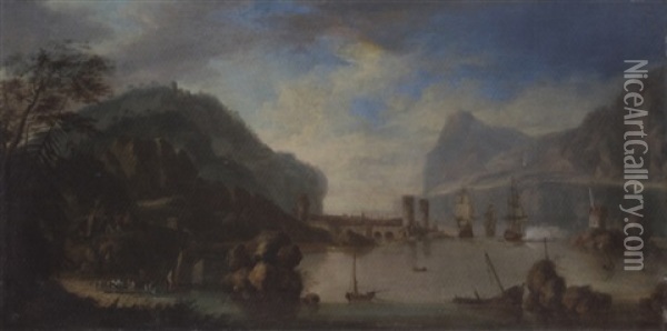 A Rhenish Harbour With A Man-o'-war Firing A Salute Oil Painting - Johan (J. C.) van der Hagen
