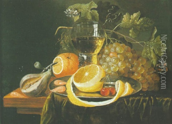 Nature Morte Au Raisin, Citron Et Verre Rohmer Sur Un Entablement Oil Painting - Cornelis De Heem