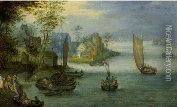 A River Landscape With Sailing 
Boats And Other Vessels, Figures Coming To Shore In The Left Foreground,
 A Village Beyond Oil Painting - Jan Brueghel the Younger