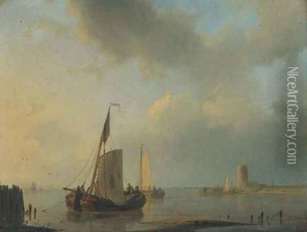 Barges moored at dusk Oil Painting - Abraham Hulk Snr