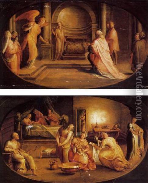 The Angel Gabriel Appearing To Zacharias (#) The Birth Of Saint John Oil Painting - da San Friano Maso