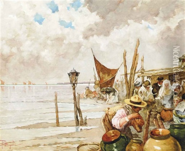 Peasants Cooking On The Venetian Lagoon Oil Painting - Riccardo Pellegrini