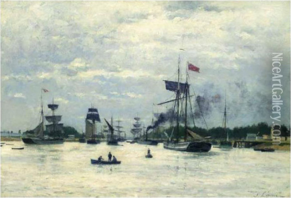 Navires Au Port Oil Painting - Stanislas Lepine