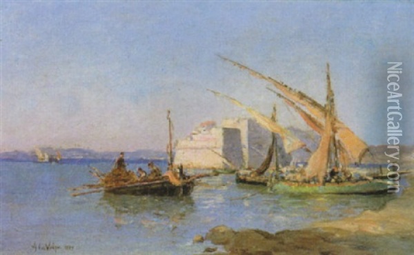 Barche Con Pescatori A Riva Oil Painting - Alessandro la Volpe