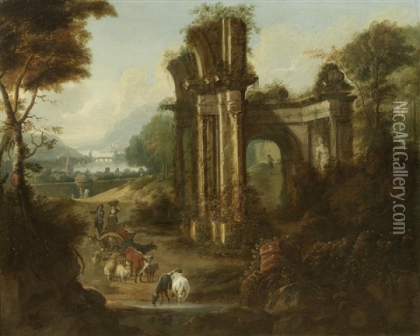 A Classical Capriccio Of Figures And Cattle On A Track By Ruins With A River Landscape Beyond Oil Painting - Willem van der Hagen