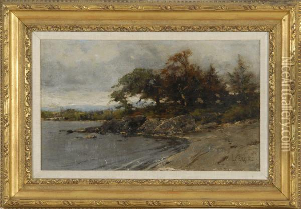 Lakeshore Landscape With Rocks, Trees, 
And Distant Hills Oil Painting - Lawrence Carmichael Earle