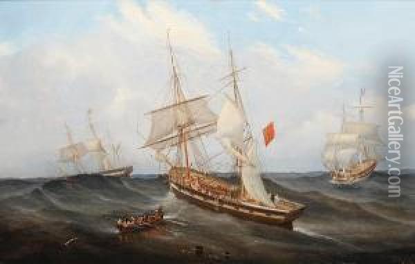 Sailing Vessels And A Rowing Boat In A Heavyswell Oil Painting - John Scott