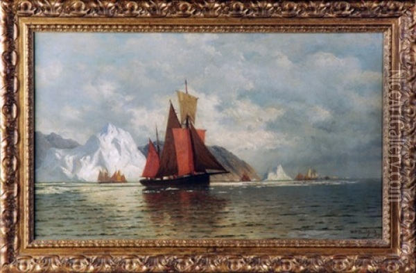 Sailing Vessels With Icebergs In Distance Oil Painting - William Bradford