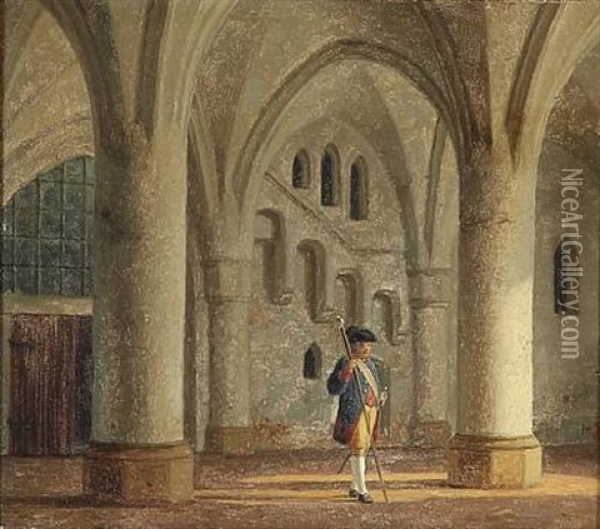A Lackey In A Hall With Arches Oil Painting - Heinrich Hansen