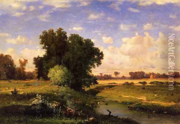 Hackensack Meadows Sunset Oil Painting - George Inness