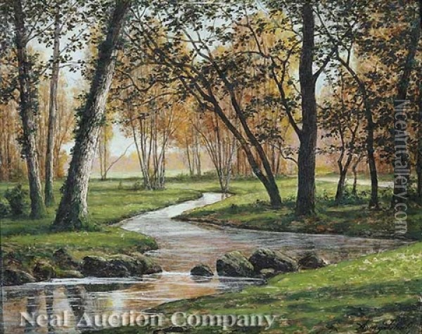 Creek Under The Trees, Bois De Boulogne, Autumn Oil Painting - Adrien Schulz