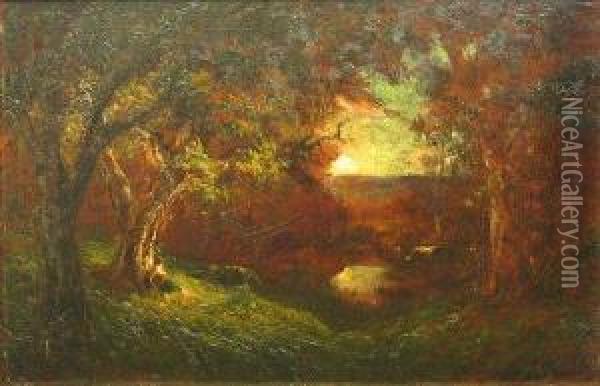 Wooded Landscape At Sunset Oil Painting - Jules Mersfelder