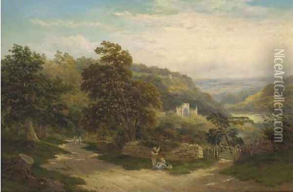 Figures on a sunlit lane, Tintern Abbey beyond Oil Painting - John Henry Boel