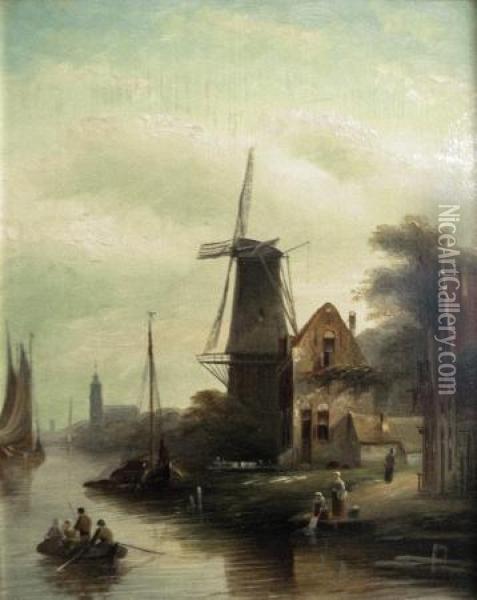Dutch Canal Scene With A Windmill Oil Painting - Jan Jacob Coenraad Spohler