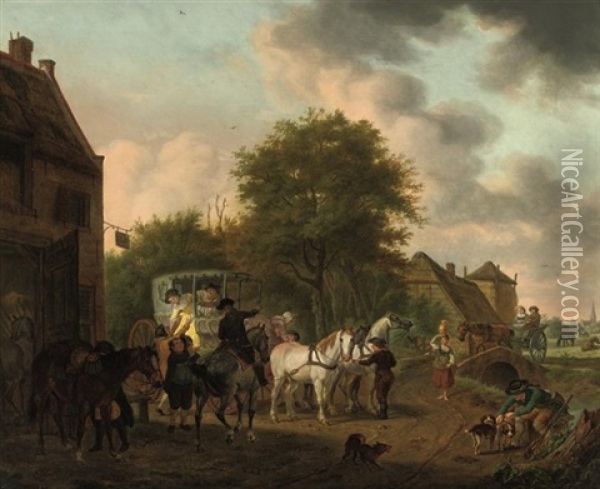 An Elegant Company In A Carriage, Stopping In A Village Oil Painting - Tethart Philip Christian Haag