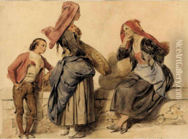 Three Figures Conversing Oil Painting - Eugene Deveria