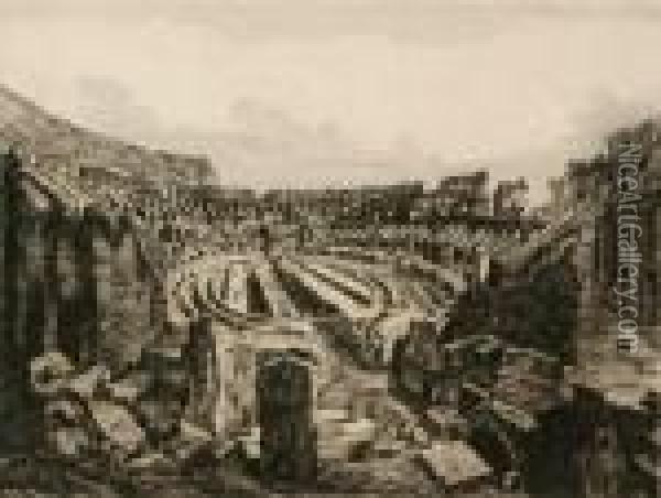 Arco Di Druso E Porta Capena, Interno Del Colosseo
And
Veduta Di Ponte Cestio Oil Painting - Luigi Rossini