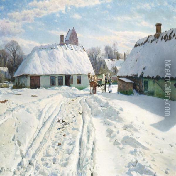 Winter Day In The Village Oil Painting - Peder Mork Monsted