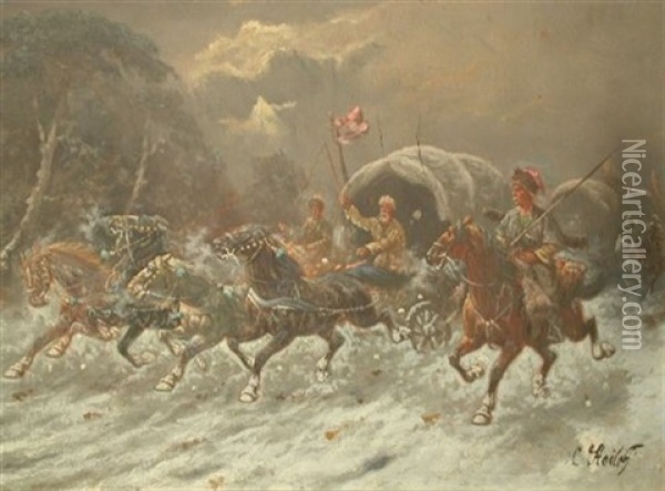 Cossacks On Horseback Ii Oil Painting - Adolf (Constantin) Baumgartner-Stoiloff