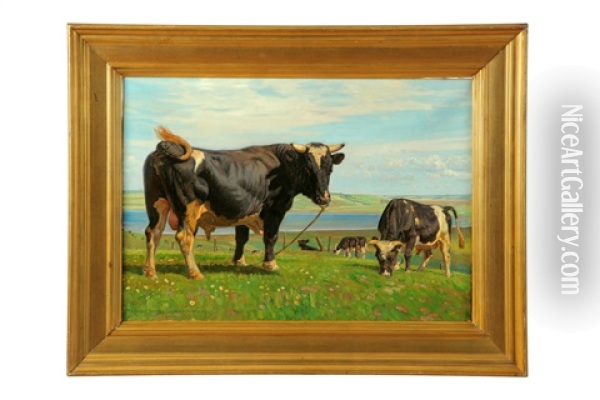 Cows Grazing Oil Painting - Rasmus Christiansen