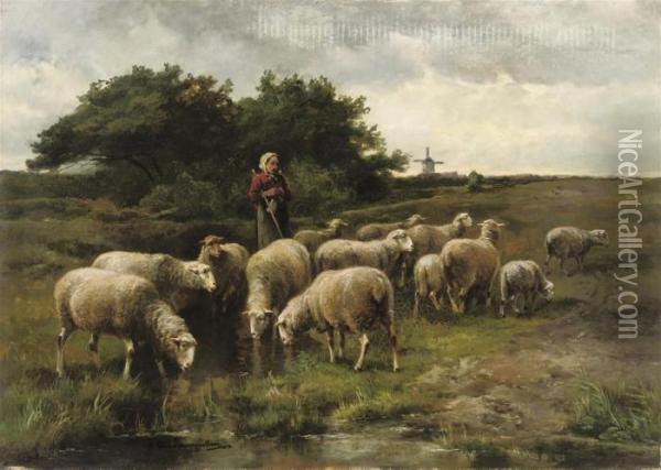 Sheep Near A Stream Oil Painting - Cornelis van Leemputten