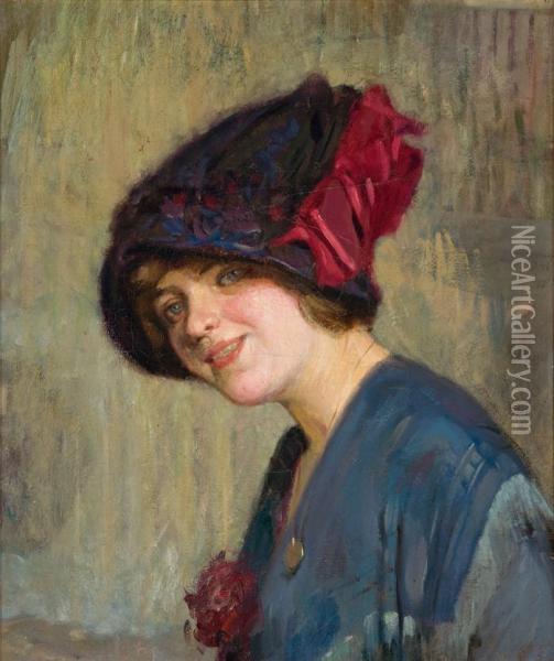 Portrait Of Woman Wearing A Hat Oil Painting - Bernard Hall