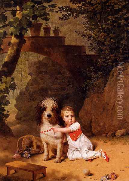 Portrait Of A Little Boy Placing A Coral Necklace On A Dog, Both Seated In A Parkland Setting Oil Painting - Martin Drolling