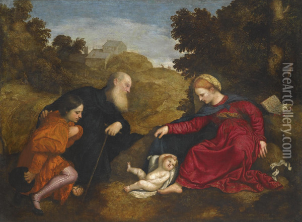 Madonna And Child With St Anthony Abbot And A Young Male Donor Oil Painting - Paris Bordone
