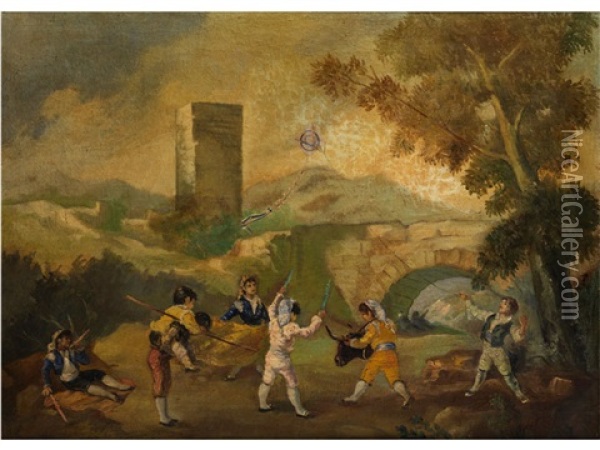 Spielende Kinder In Einer Landschaft Mit Turm Und Steinerner Bogenbrucke Unter Einem Hohen Baum Oil Painting - Francisco Goya