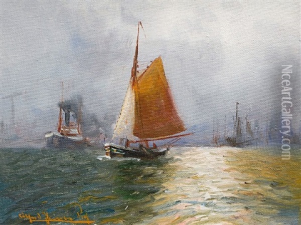 Kleiner Segler Vor Hafensilhouette Oil Painting - Alfred Serenius Jensen