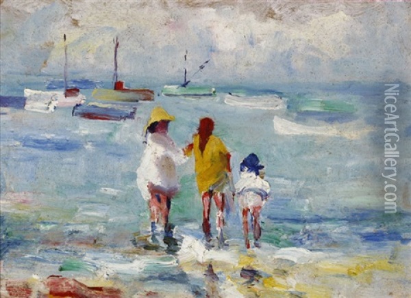 Bathers And Boats, Monterey Oil Painting - August Gay