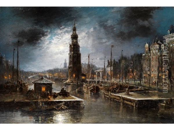 Hollandische Hafenstadt Bei Nacht Oil Painting - Jan Kuypers