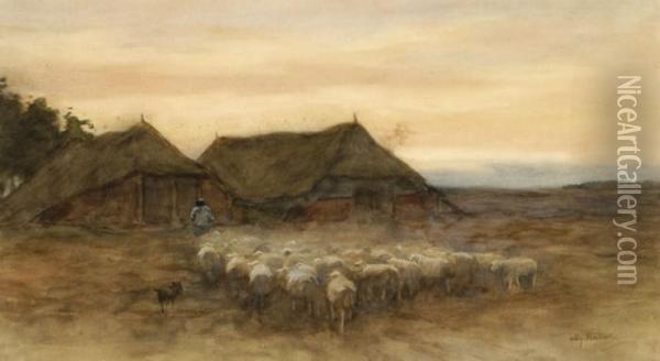 Sheep With Their Shepherd Oil Painting - Willem II Steelink