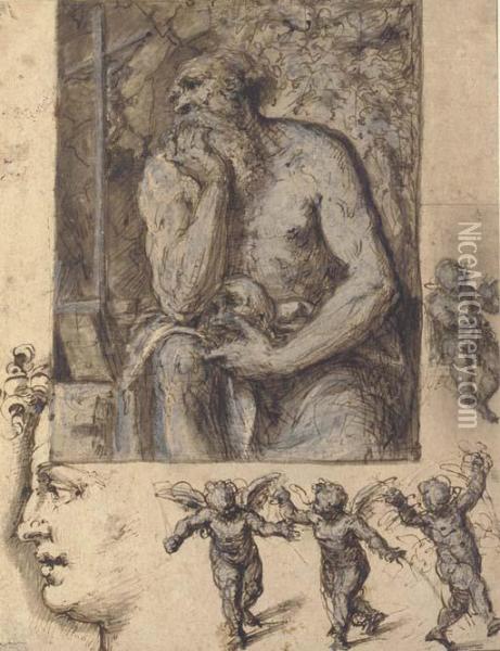 A Hermit Contemplating A Crucifix, With Studies Of Putti And A Headin Profile Oil Painting - Aurelio Luini