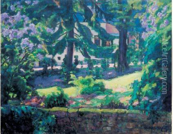 Paysage Aux Lilas Oil Painting - David O. Widhopff