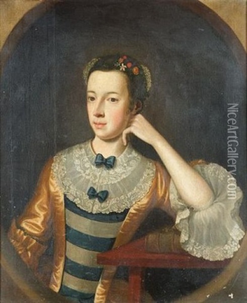 Portrait Of A Young Woman, Half-length, In A Blue, White And Gold Dress With A Lace Collar And Cuff And Flowers In Her Hair Oil Painting - Joseph Highmore