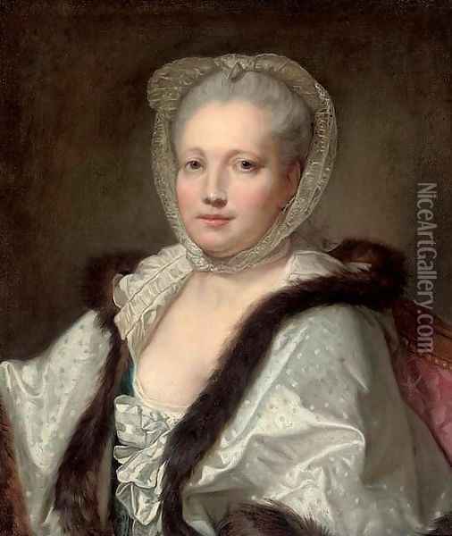 Portrait of a lady, bust-length, in a fur trimmed shawl Oil Painting - Jean Baptiste Greuze