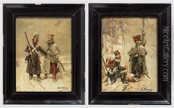 Albert Bligny (1849 - 1908) - Zwei Szenen Des Russlandfeldzuges 1812 Oil Painting - Albert Bligny