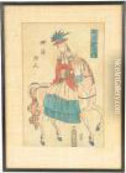 A Western Woman On Horseback. Oil Painting - Utagawa Yoshitora