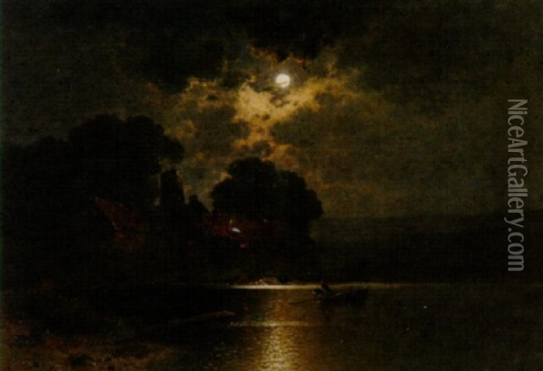 Ausfahrender Angler In Seinem Boot Vor Einem Grosen Gehoft Am Ufer, Mondnacht Oil Painting - Johann Jungblut