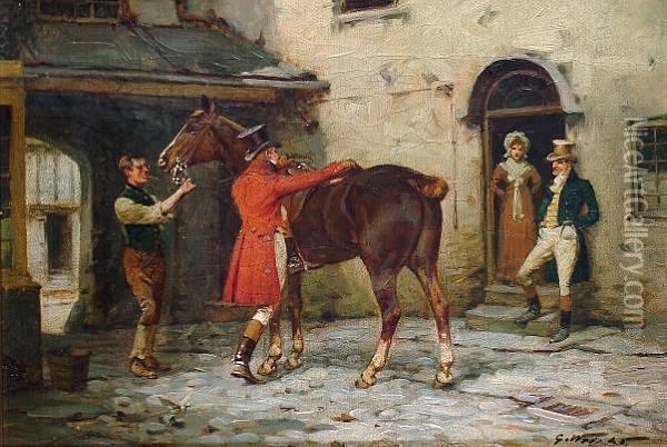 A Gentleman Mounting A Horse Before A Tavern Oil Painting - George Wright