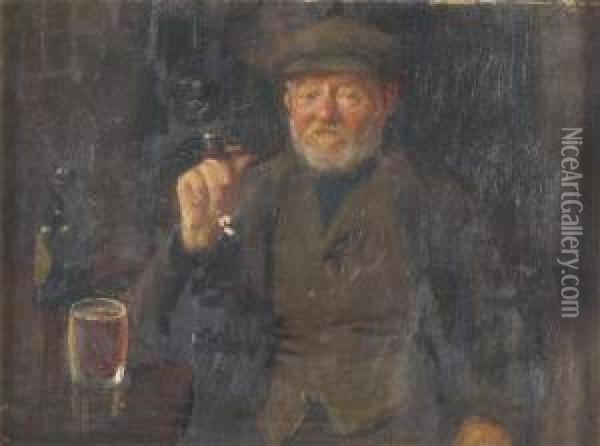 A Portrait Of A Man Seated With His Pipe And A Beer Oil Painting - Harvey Harold