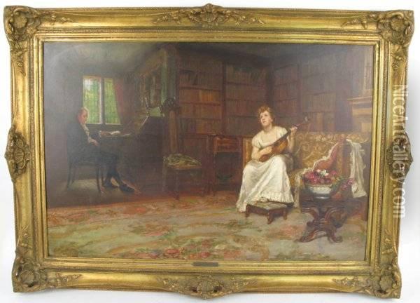 Oil On Canvaslibrary Scene With Young Woman Playing The Guitar Oil Painting - Edward Charles Clifford