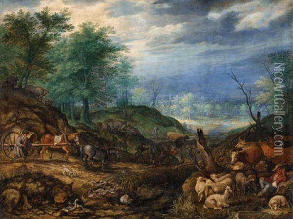 Landscape With Shepherds And A Wagon Oil Painting - Roelandt Savery