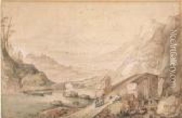 An Extensive Mountainous Landscape With Travellers Crossing Abridge Oil Painting - Joos De Momper