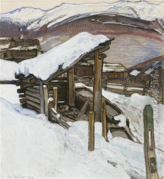 Village Landscape In Winter In The Valais Oil Painting - Edouard Vallet