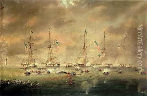 The British and American Fleets Engaged on Lake Borgne Oil Painting - Thomas L. Hornbrook