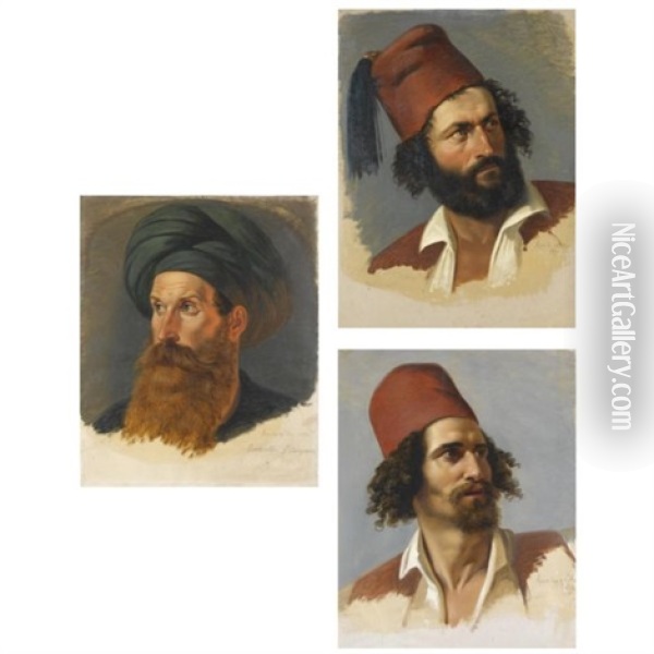 Portraits Of Two Greek Freedom Fighters And The Ali Pasha (3 Works, Various Sizes) Oil Painting - Paul Emil Jacobs